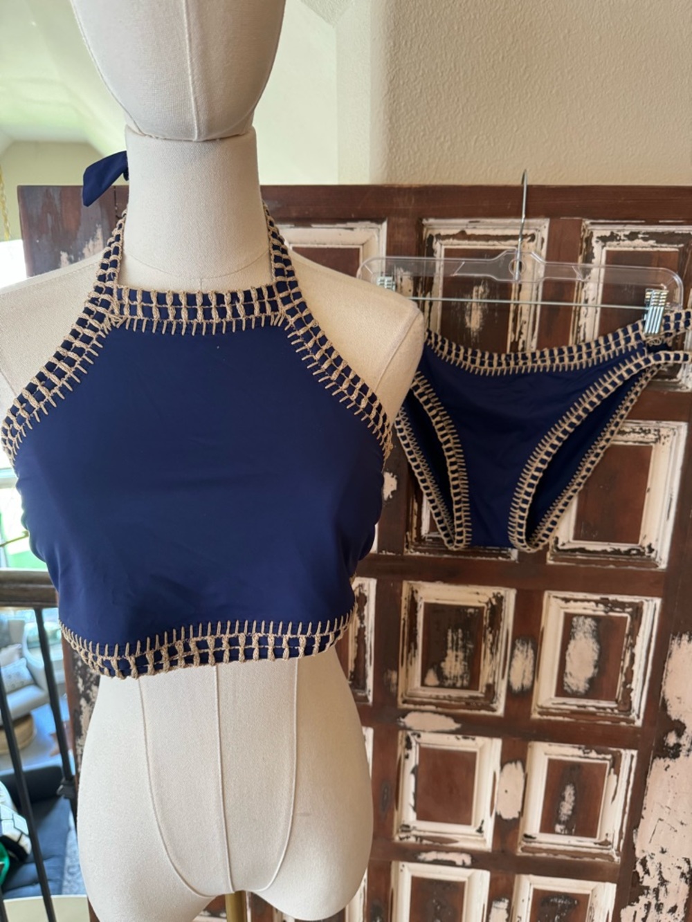 Gianni Bini Navy Crochet-Trim Halter Bikini Set- L